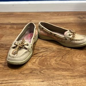Women’s Sperry top Siders boat shoes tan with pink sequins size 7.5